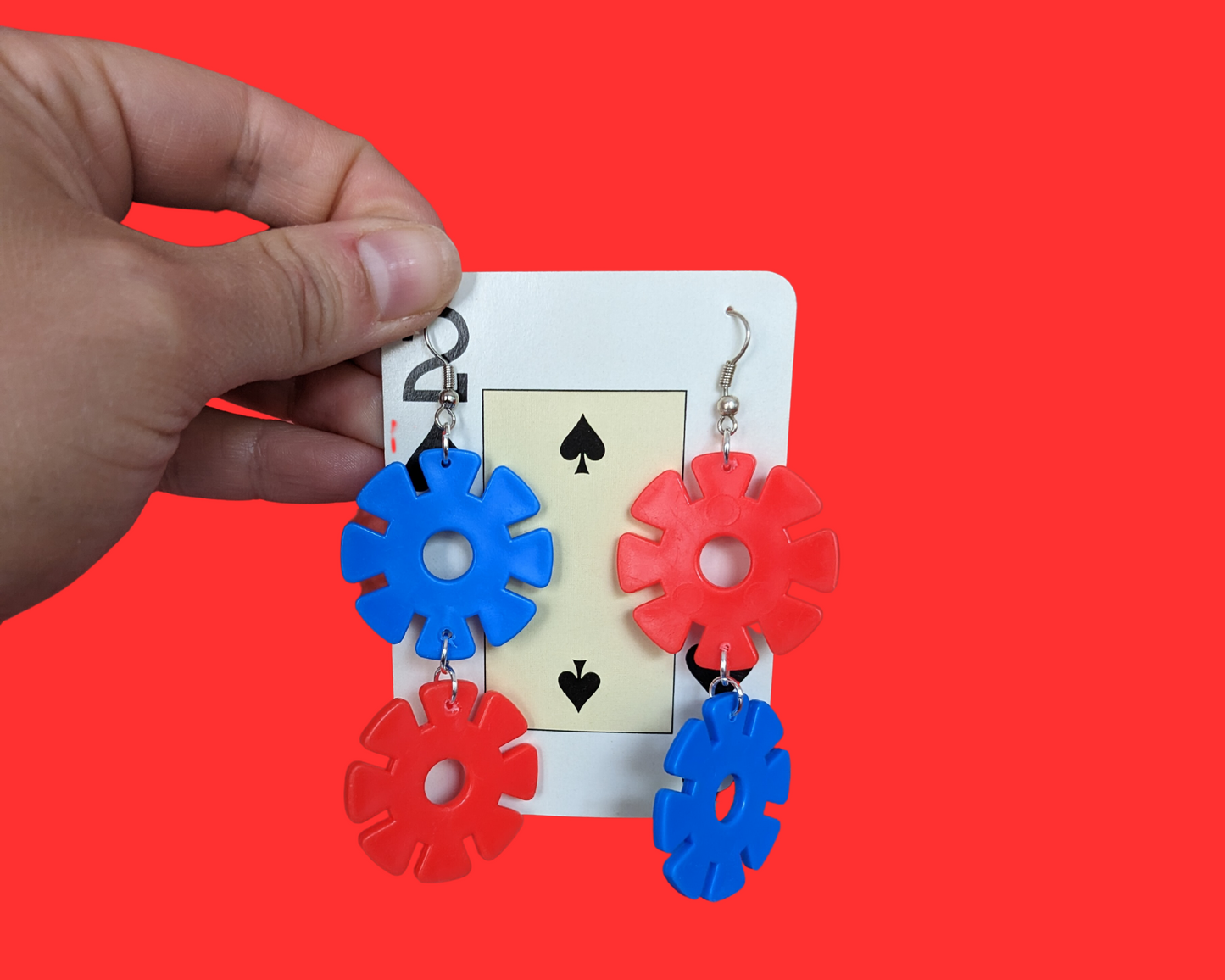 Handmade, Upcycled Plastic Circular Red and Blue Dangle Earrings