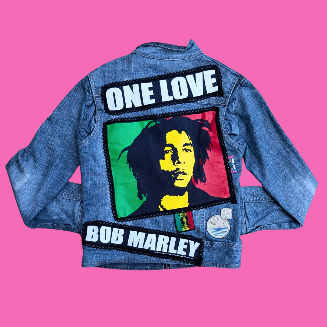 Bob Marley ''One Love'' Upcycled T-Shirt Denim Jacket Size M