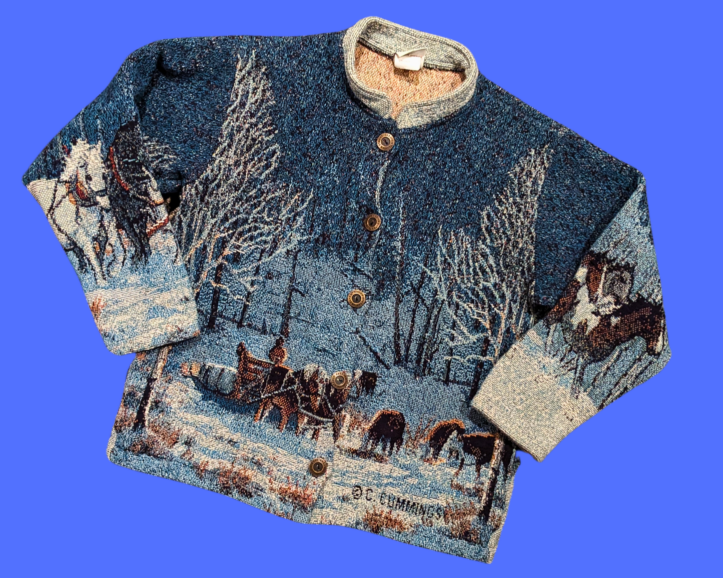 Vintage 1990's Winter and Horses Tapestry Cardigan Size M