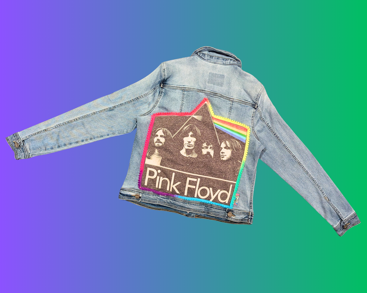 Veste en jean Pink Floyd, The Dark of the Moon, fabriquée à la main et recyclée, taille XL, mais convient à une taille plus petite