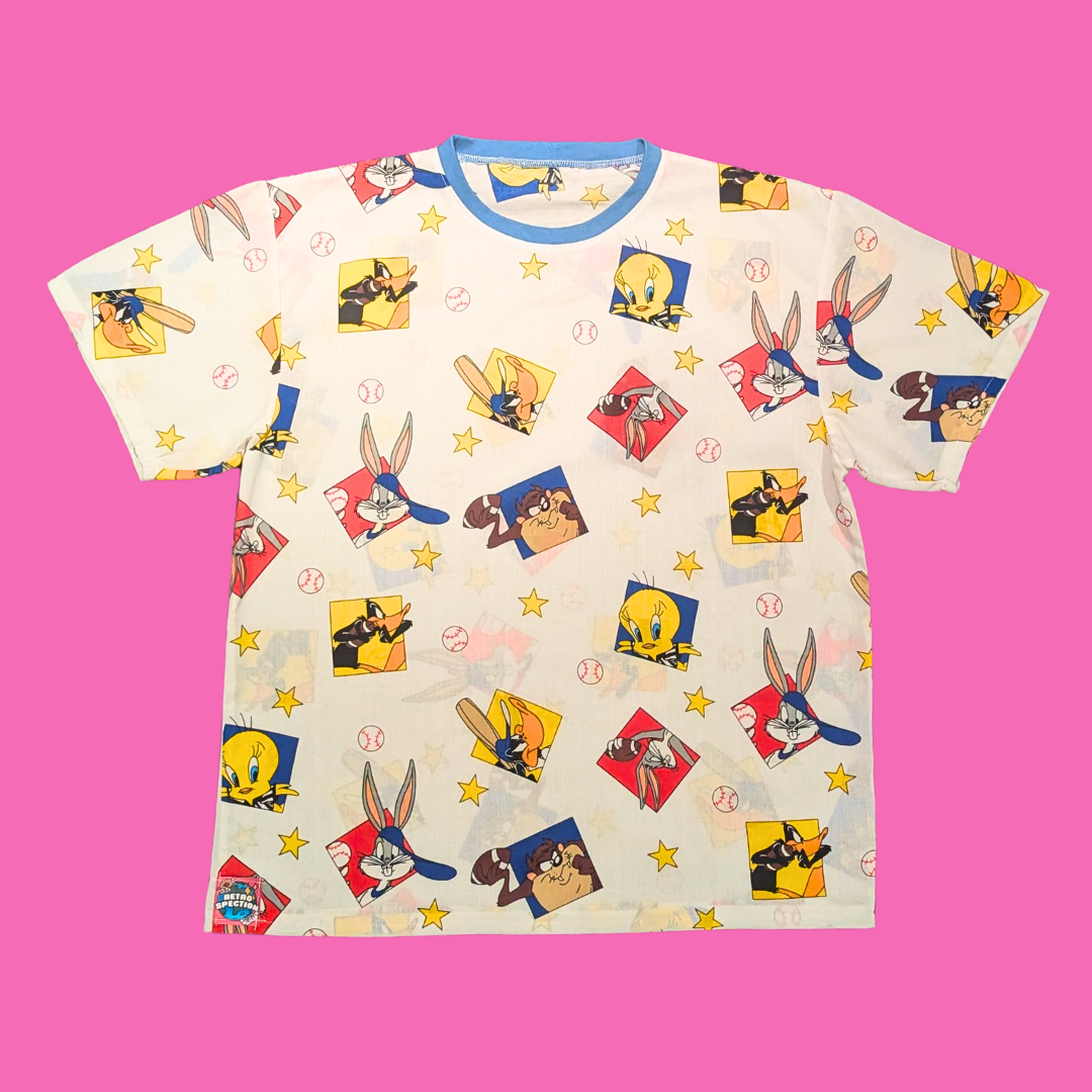 Handmade, Upcycled The Looney Tunes Baseball Bedsheet T-Shirt Oversized S-M, Fitted L-XL