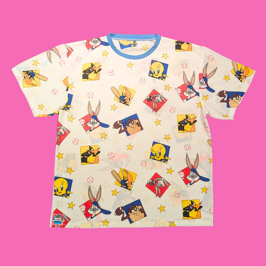 Handmade, Upcycled The Looney Tunes Baseball Bedsheet T-Shirt Oversized S-M, Fitted L-XL