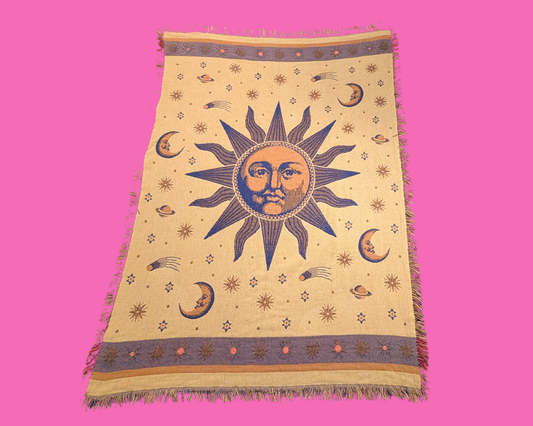 Vintage 1990's Boho Celestial Sun and Moon Decorative Throw Blanket