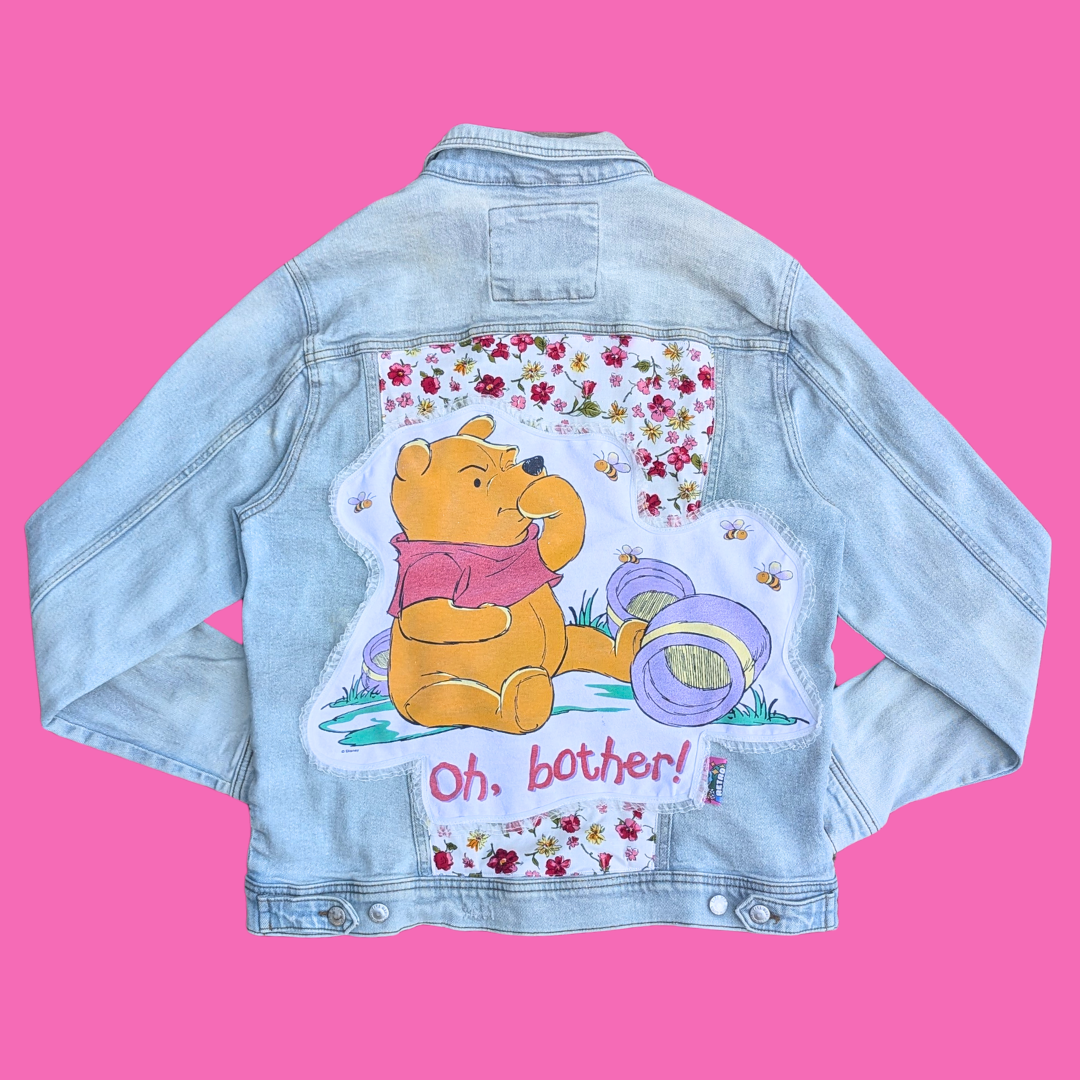 Winnie The Pooh '' Oh, Bother!'' Upcycled T-Shirt Denim Jacket Size XL