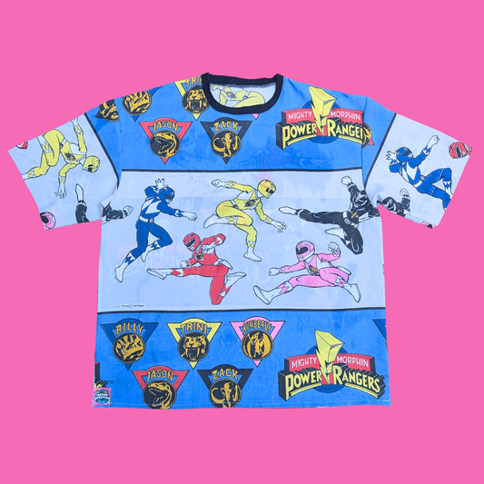 Handmade, Upcycled Power Rangers Bedsheet T-Shirt Oversized L-XL, Fitted 2XL