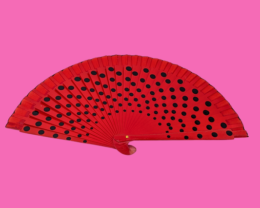 Éventail vintage à pois noirs et rouge des années 1990