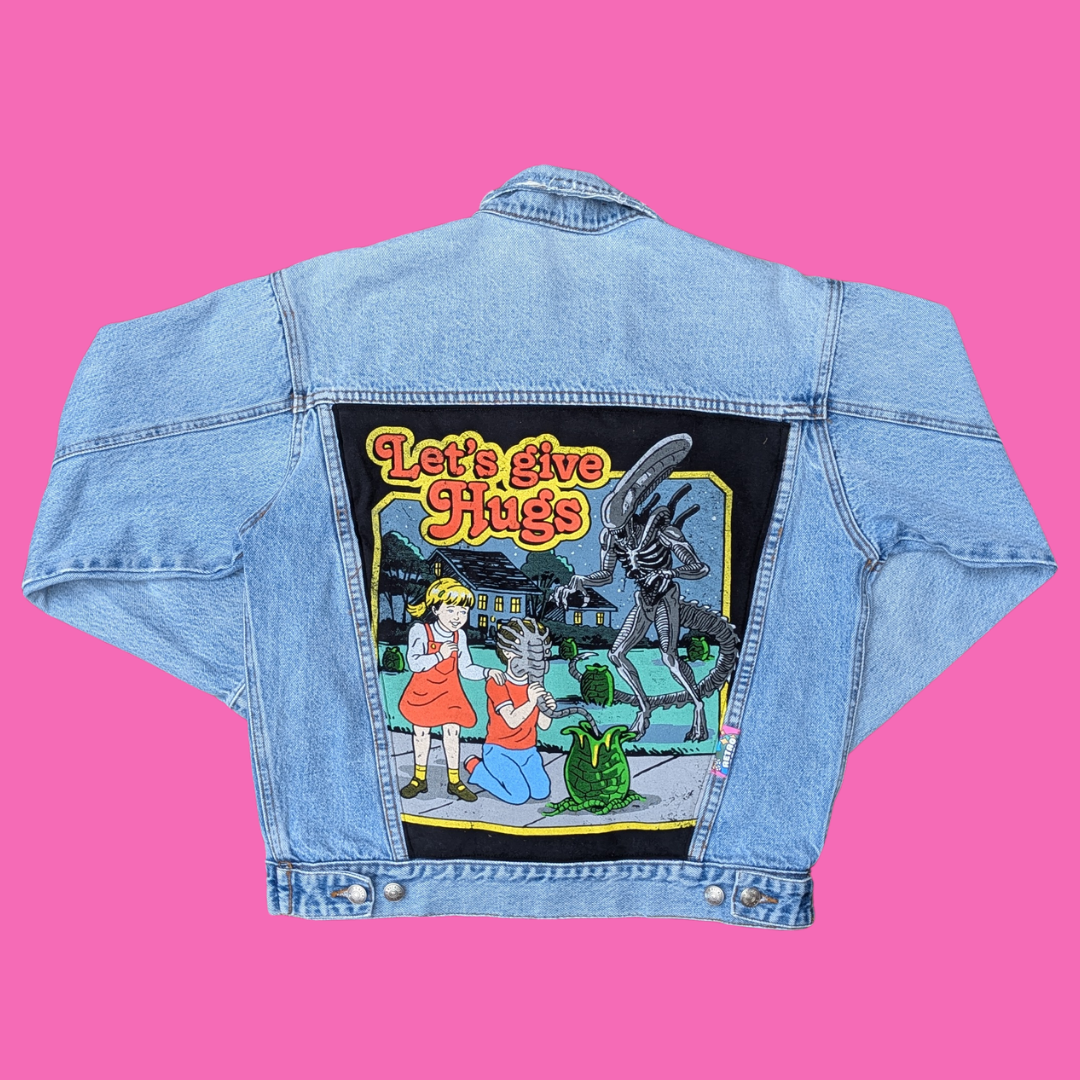 Let's Give Hugs, Aliens Upcycled T-Shirt Denim Jacket Size L