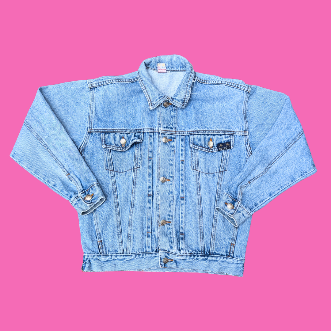 Let's Give Hugs, Aliens Upcycled T-Shirt Denim Jacket Size L