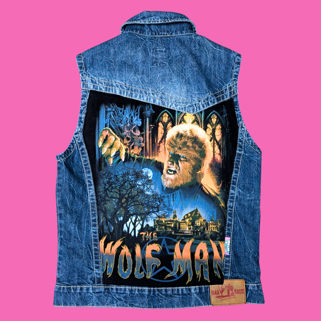 The Wolf Man Upcycled T-Shirt Denim Jacket Size M