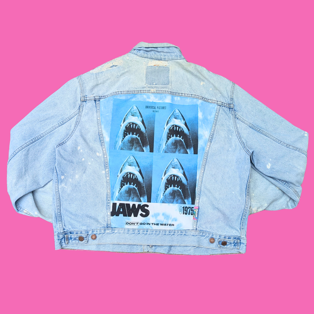 Jaws Upcycled T-Shirt Denim Jacket Size L for Men