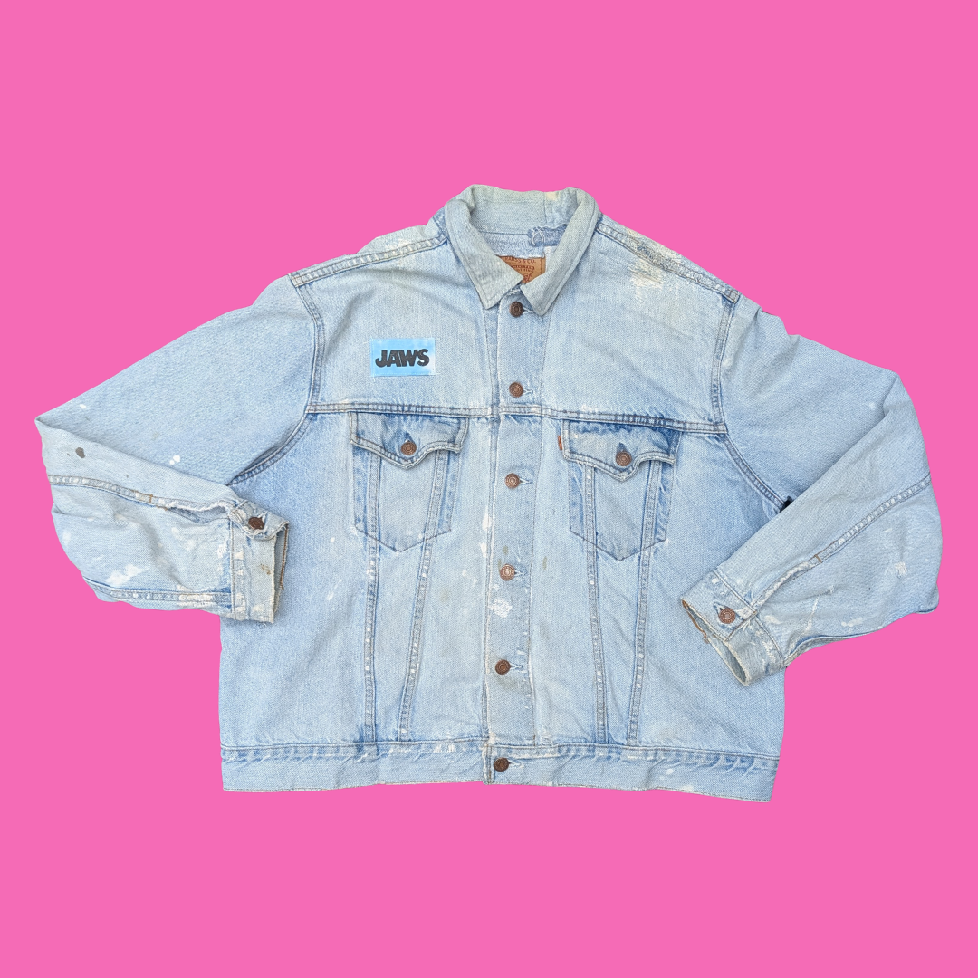 Jaws Upcycled T-Shirt Denim Jacket Size L for Men