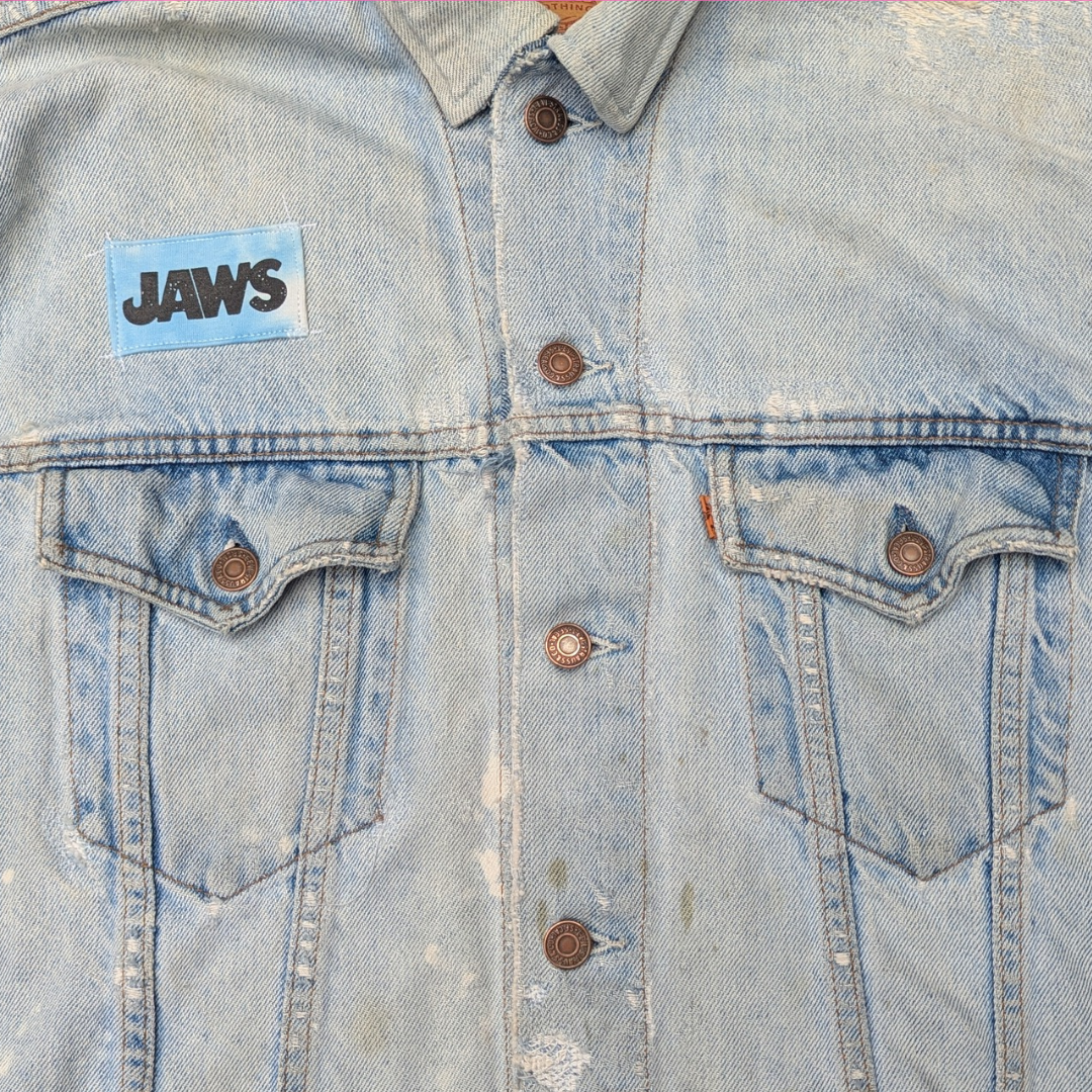 Jaws Upcycled T-Shirt Denim Jacket Size L for Men