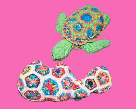 Vintage 1980's Huge Handmade, Crocheted Set of Two Plush Animals