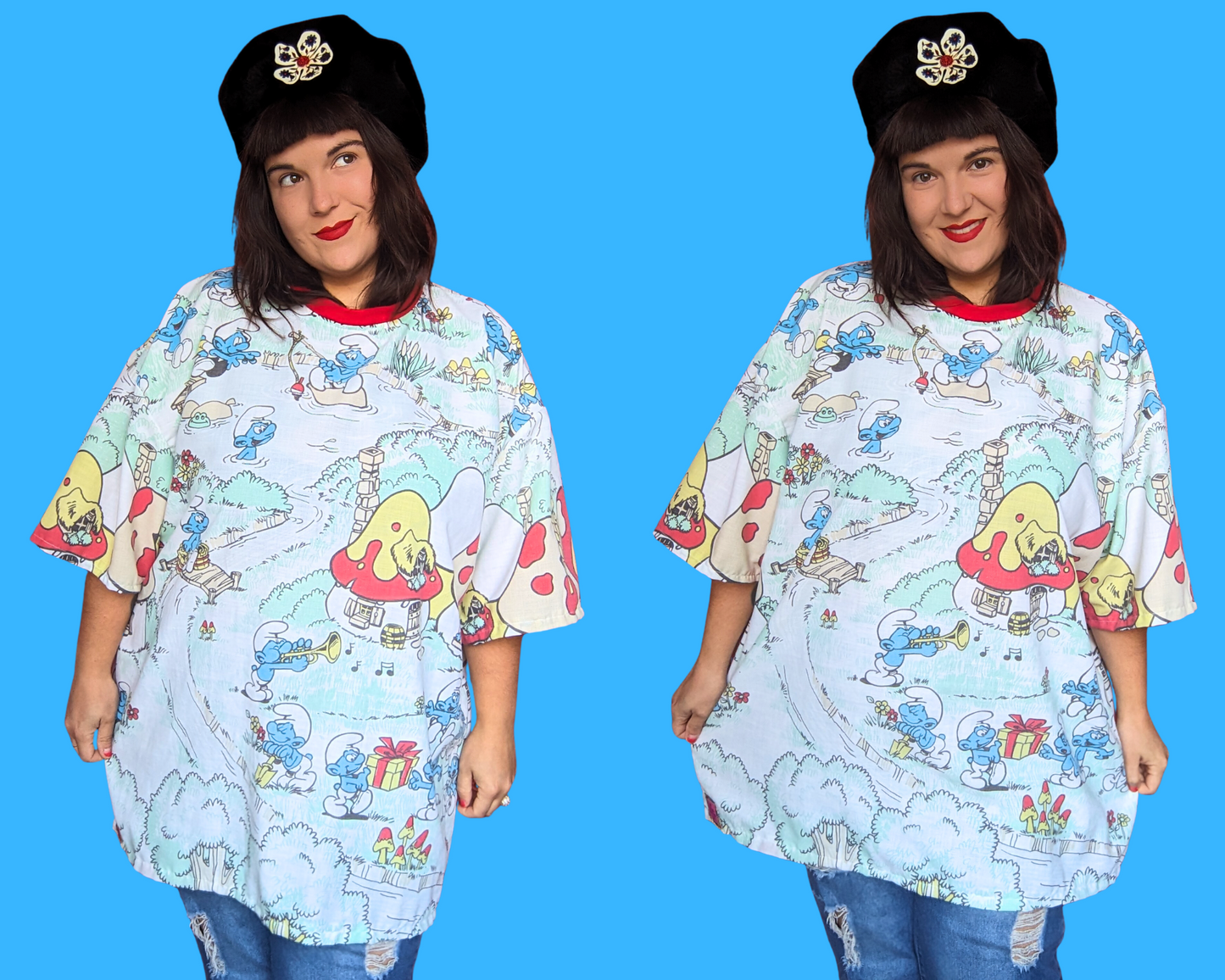 Handmade, Upcycled The Smurfs Bedsheet T-Shirt Oversized XL