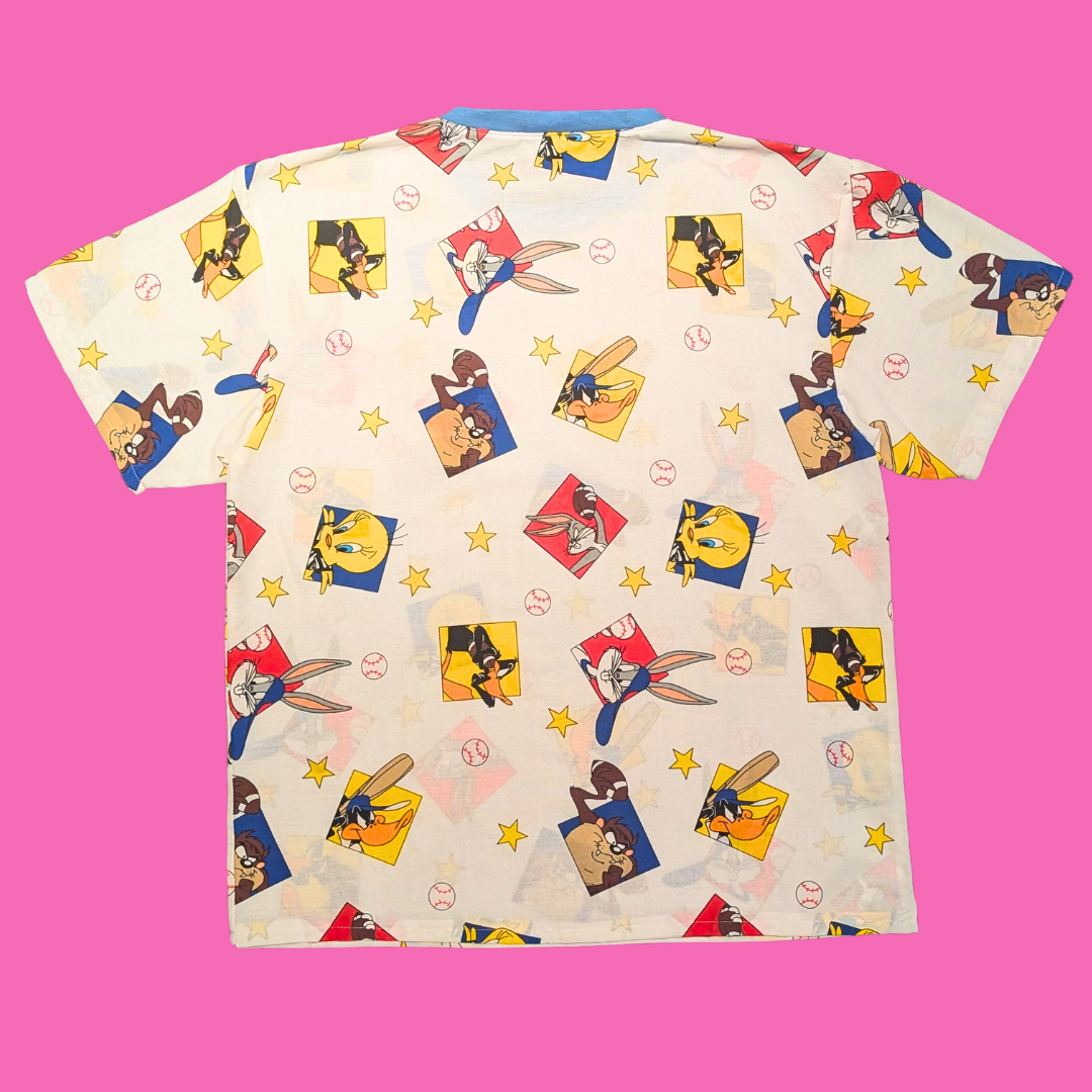 Handmade, Upcycled The Looney Tunes Baseball Bedsheet T-Shirt Oversized S-M, Fitted L-XL