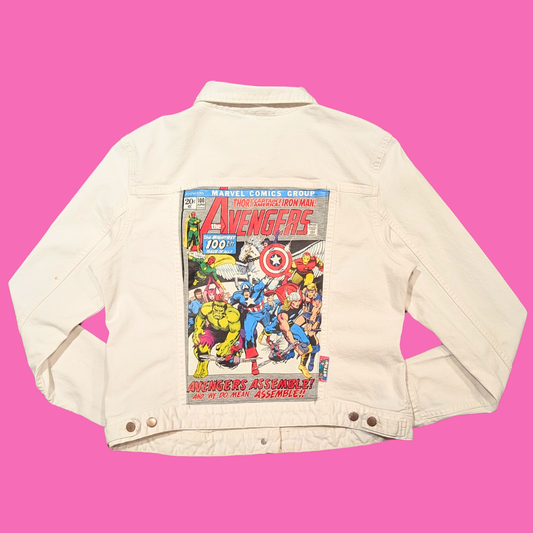 Avengers, Marvel Comics T-Shirt Upcycled White Denim Jacket Size L for Women