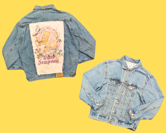 Handmade, Upcycled Denim Jacket with Flying Angel Bart Simpson T-Shirt Size S for Men but Fits Larger