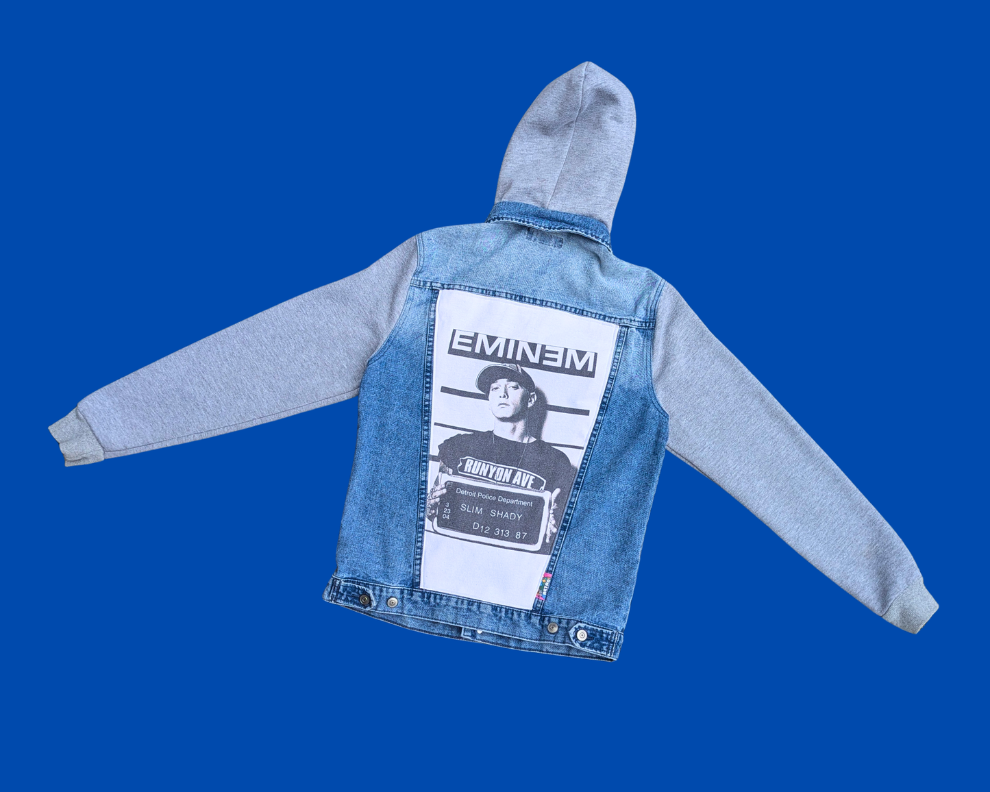 Handmade, Upcycled Eminem Denim Jacket with Hoodie Size S
