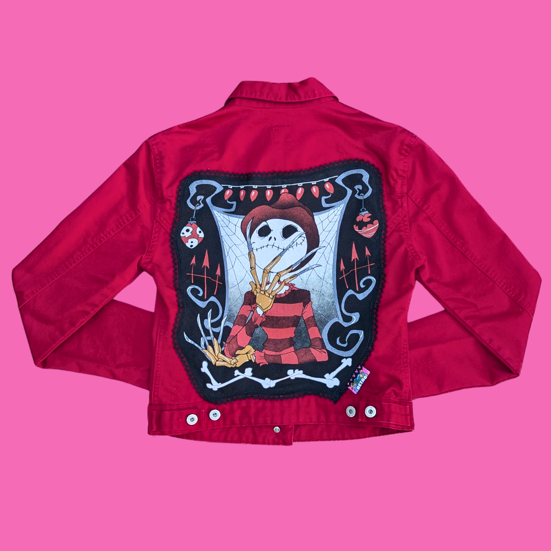 Nightmare Before Christmas ''Freddy Krueger'' Upcycled T-Shirt Red Denim Jacket Size S for Women