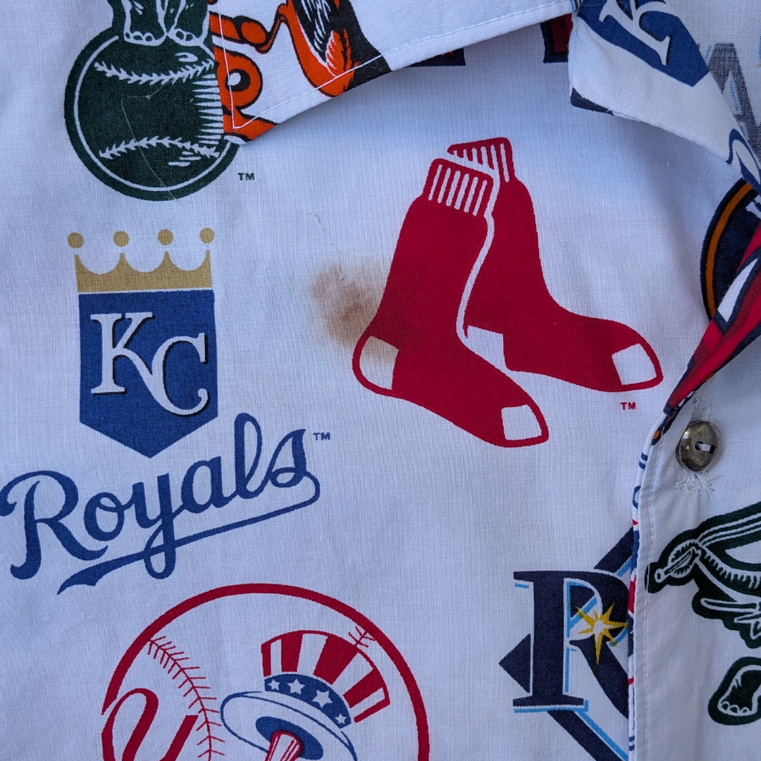 Handmade, Upcycled Baseball Teams Bedsheet Button Down Shirt Size XS
