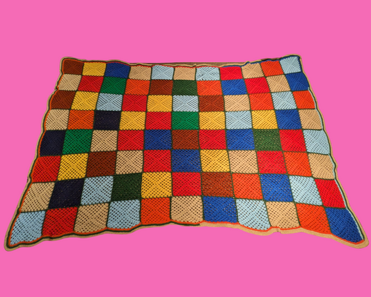 Vintage 1980's Rainbow, Wool Crochet Blanket