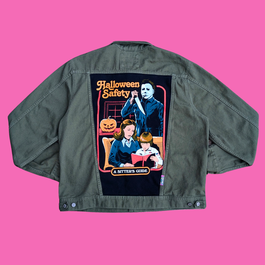Halloween Safety ''Steven Rhode Styled'' Upcycled T-Shirt Denim Jacket Size XXL for Men