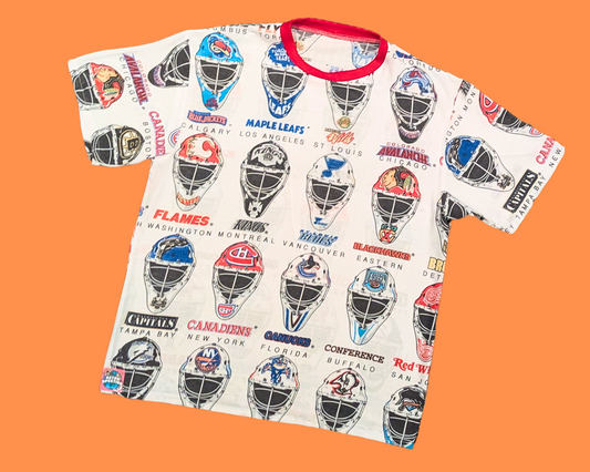 Handmade, Upcycled Vintage 1990's NHL Hockey Teams Goalie Masks Bedsheet T-Shirt Size M