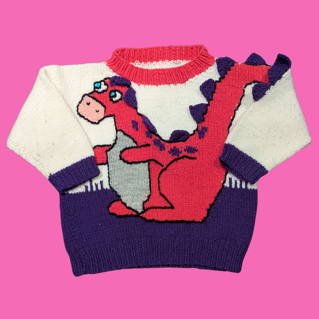 Vintage 1990's, Handmade, Children's Pink Dinosaur Pattern Knitted Sweater with Purple 3D Details on the Back (See Description for Sizing)