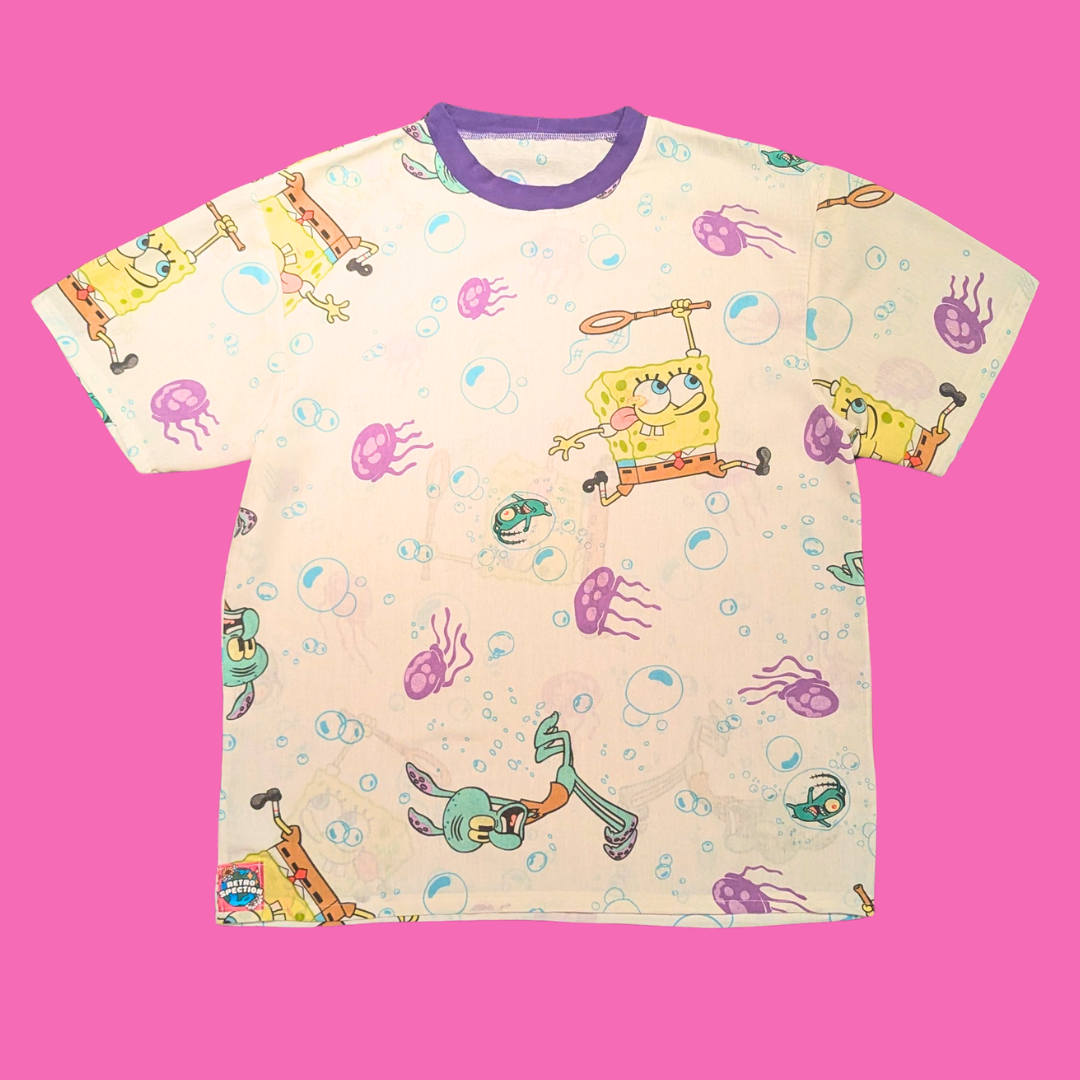 Handmade, Upcycled Sponge Bob Square Pants Bedsheet T-Shirt Oversized S-M, Fitted L-XL