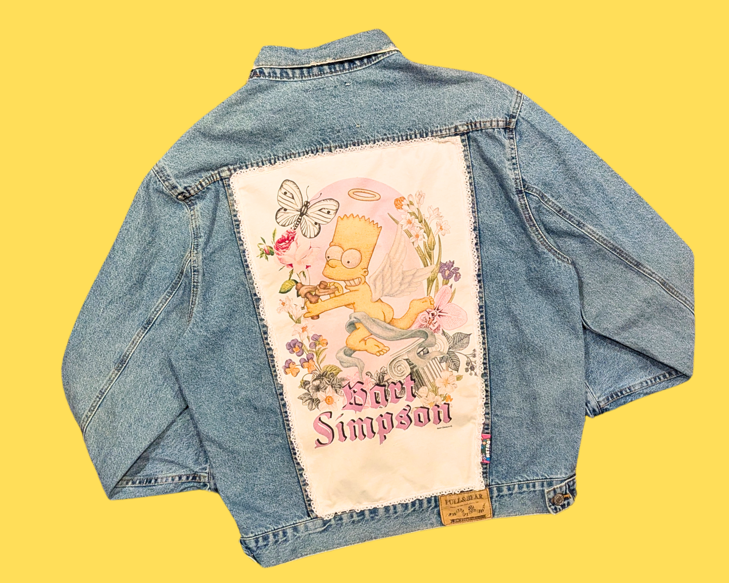 Handmade, Upcycled Denim Jacket with Flying Angel Bart Simpson T-Shirt Size S for Men but Fits Larger