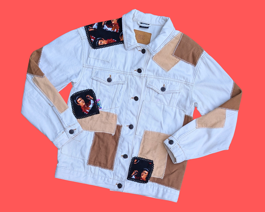 Veste en jean patchwork Elvis Presley beige et marron, faite à la main et recyclée, taille XS (convient plutôt à une taille L)