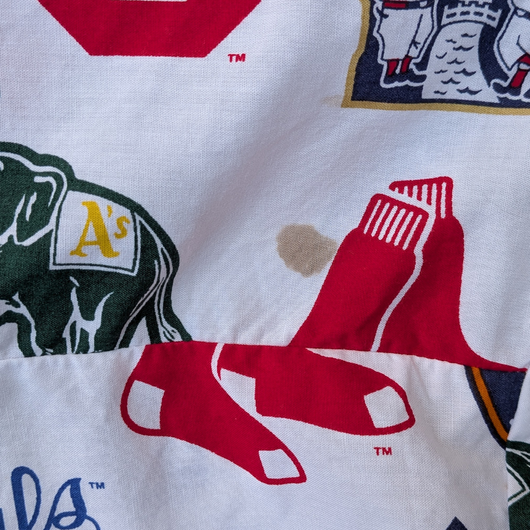 Handmade, Upcycled Baseball Teams Bedsheet Button Down Shirt Size XS