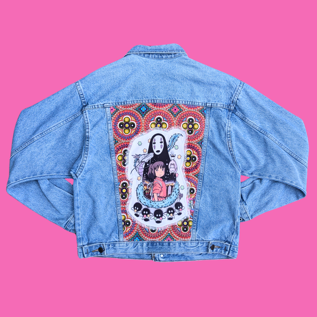 Spirited Away Upcycled T-Shirt Denim Jacket Size L for Women