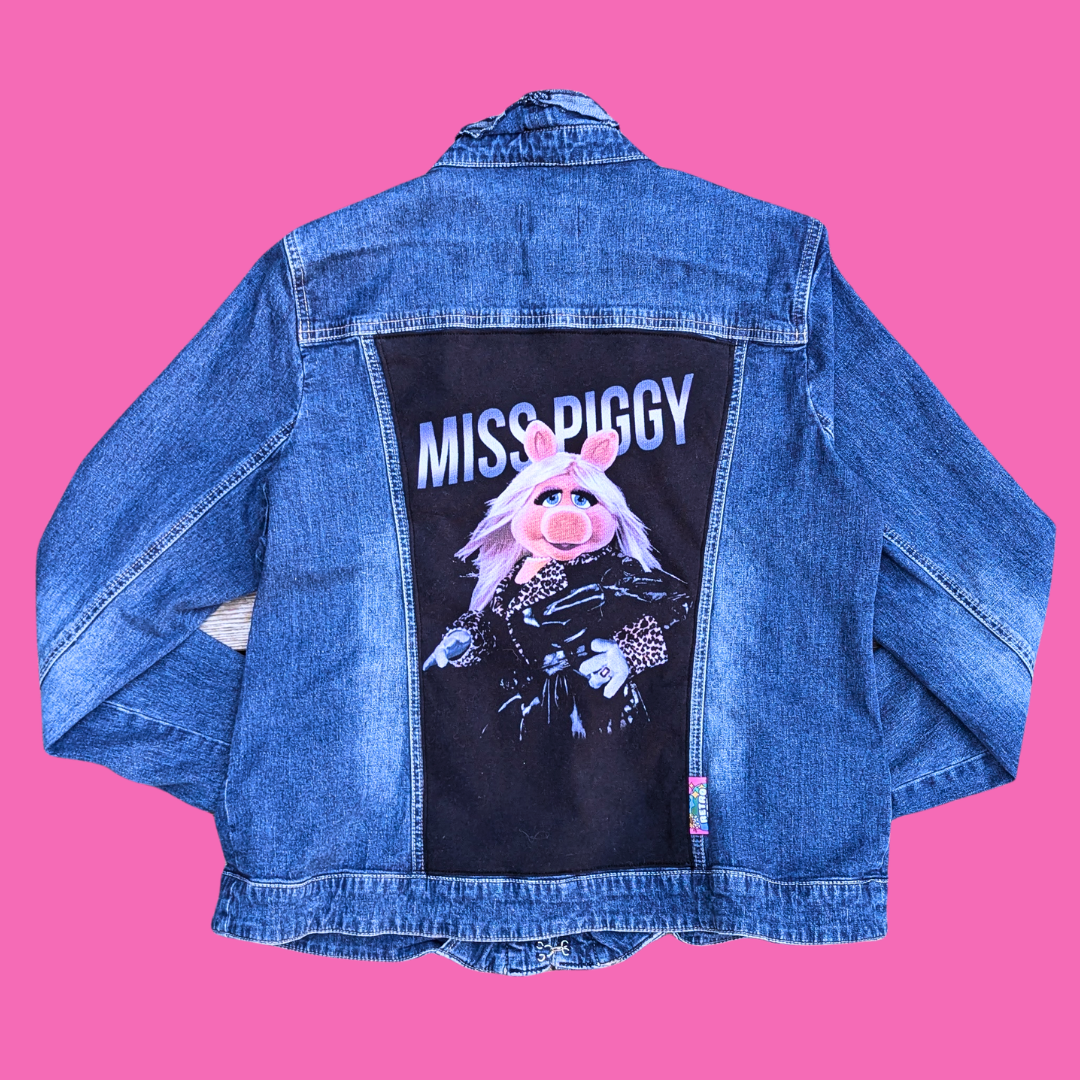 Miss Piggy Upcycled T-Shirt Denim Jacket Size L for Women