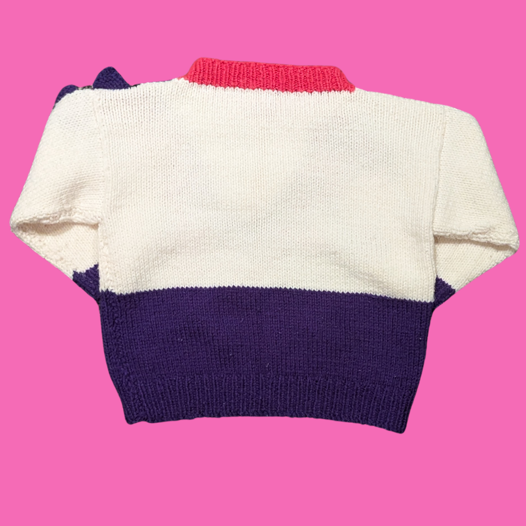 Vintage 1990's, Handmade, Children's Pink Dinosaur Pattern Knitted Sweater with Purple 3D Details on the Back (See Description for Sizing)