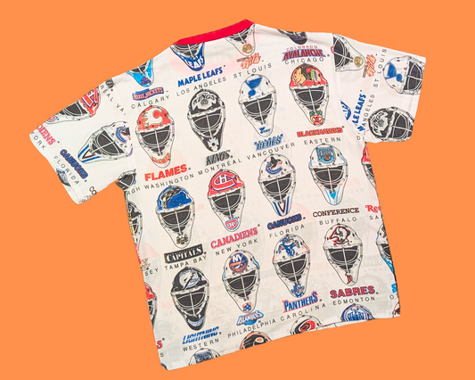 Handmade, Upcycled Vintage 1990's NHL Hockey Teams Goalie Masks Bedsheet T-Shirt Size M