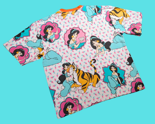 Handmade, Upcycled Aladdin, Jasmine and Rajah Flannel Bedsheet T-Shirt Size 2XL