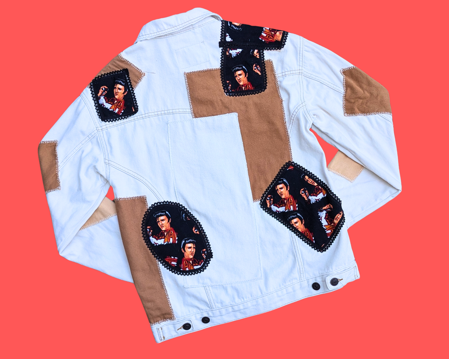 Veste en jean patchwork Elvis Presley beige et marron, faite à la main et recyclée, taille XS (convient plutôt à une taille L)