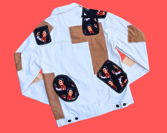 Veste en jean patchwork Elvis Presley beige et marron, faite à la main et recyclée, taille XS (convient plutôt à une taille L)