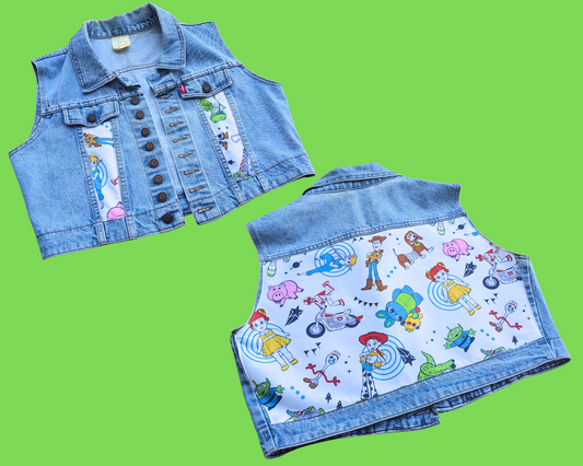 Handmade, Upcycled Denim Vest Patched Up with Bedsheets Scraps of Toy Story 4 Size M-L