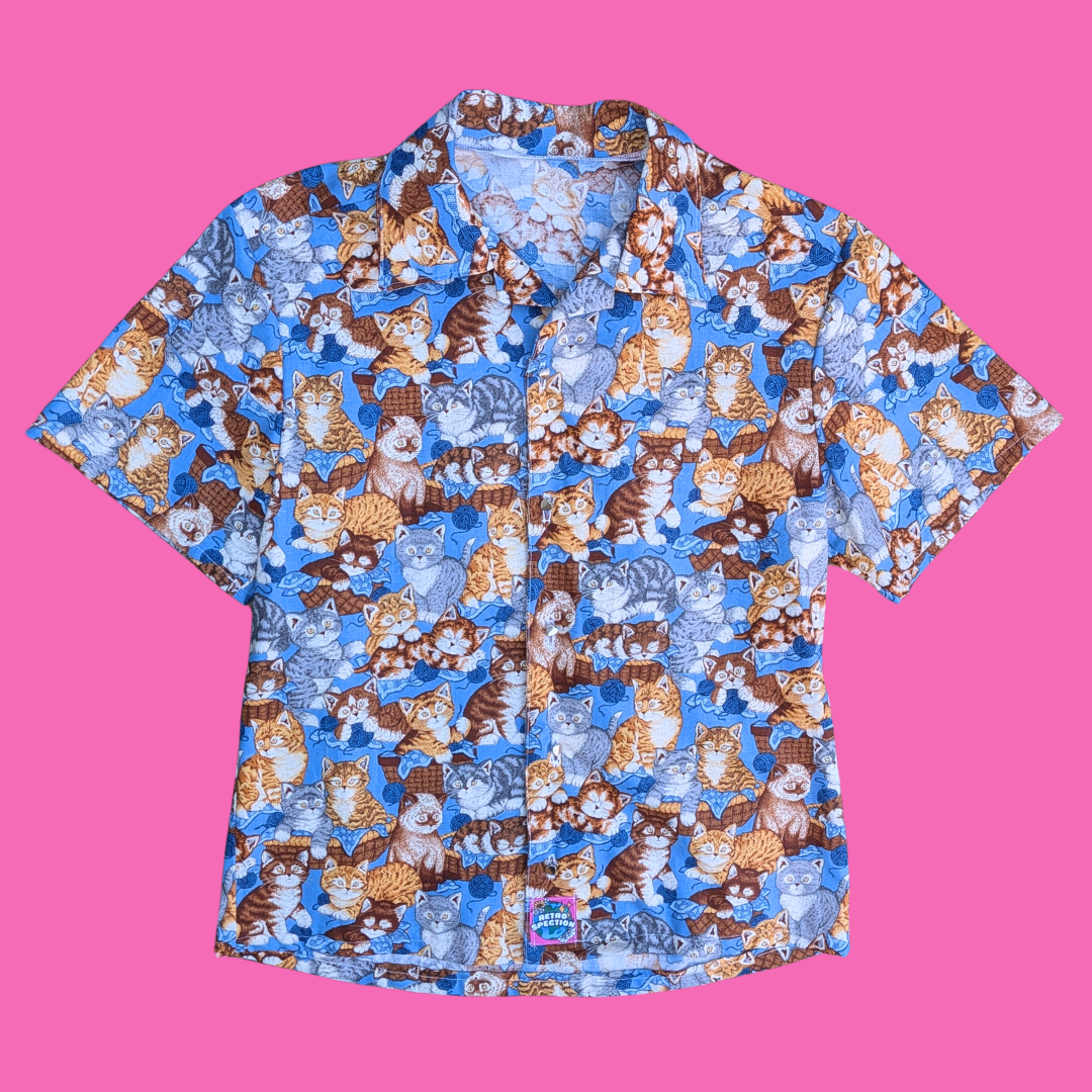 Handmade, Upcycled Cats Patterned Fabric Button Down Shirt Size S