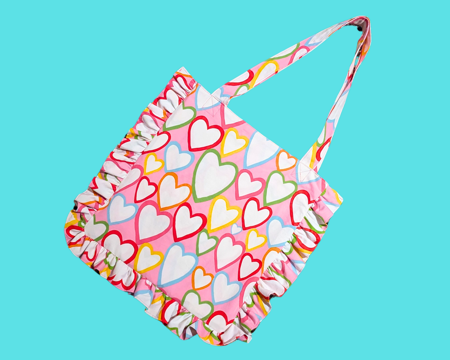 Handmade, Upcycled Rainbow Hearts Tote Bag