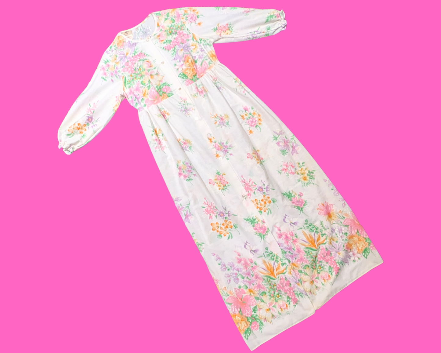 Vintage 1970's Sears Maxi, Mid-Sleeves, White and Floral Dress or Nightgown Size XS-S