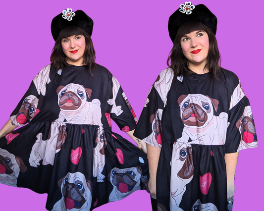 Handmade, Upcycled Pug Print Bedsheet T-Shirt Dress Fits 2XL