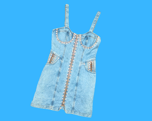 Robe en jean sexy vintage des années 1990 avec fermeture éclair et poches, taille M