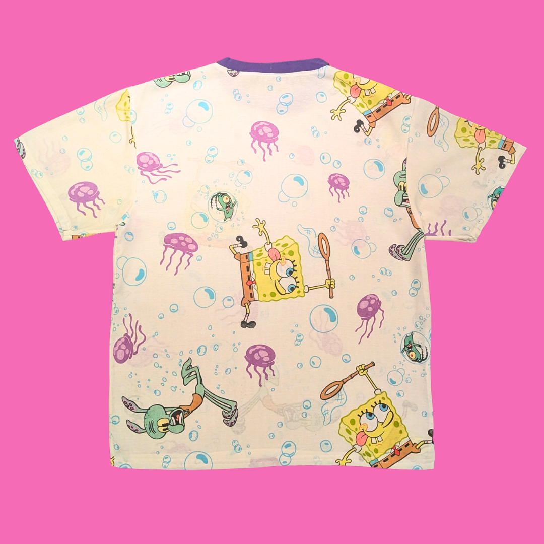 Handmade, Upcycled Sponge Bob Square Pants Bedsheet T-Shirt Oversized S-M, Fitted L-XL