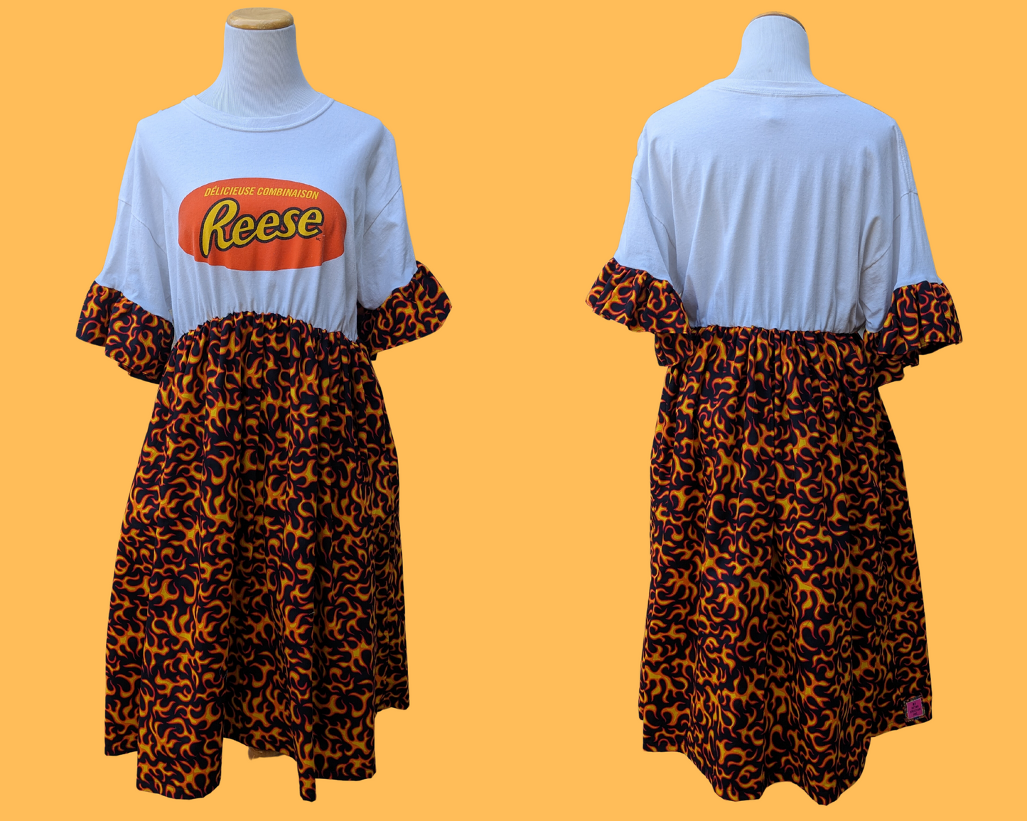 Handmade, Upcycled Reese T-Shirt Dress with Flames Patterned Fabric Size L