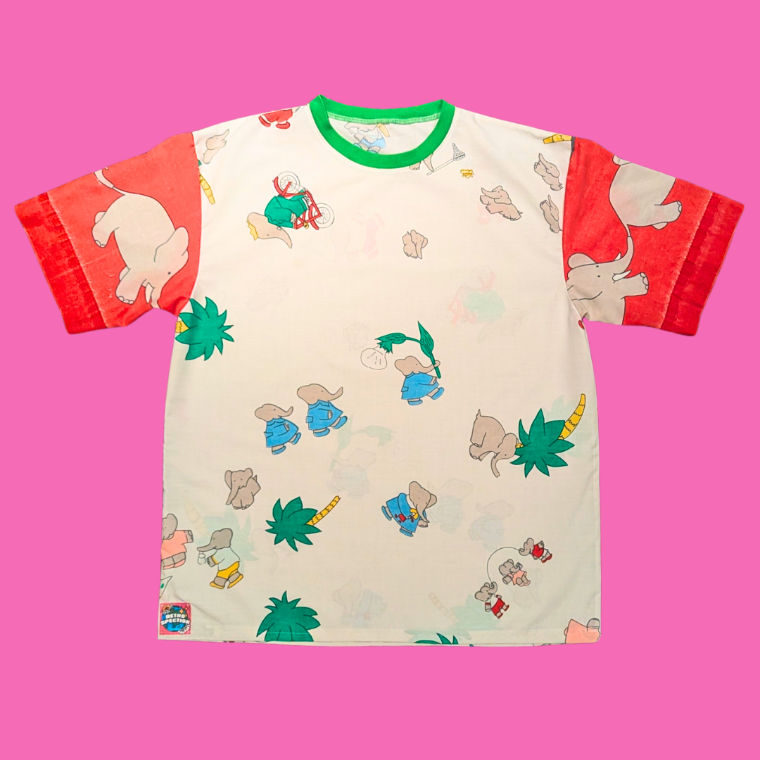 Handmade, Upcycled Babar Bedsheet T-Shirt Oversized S-M, Fitted L-XL