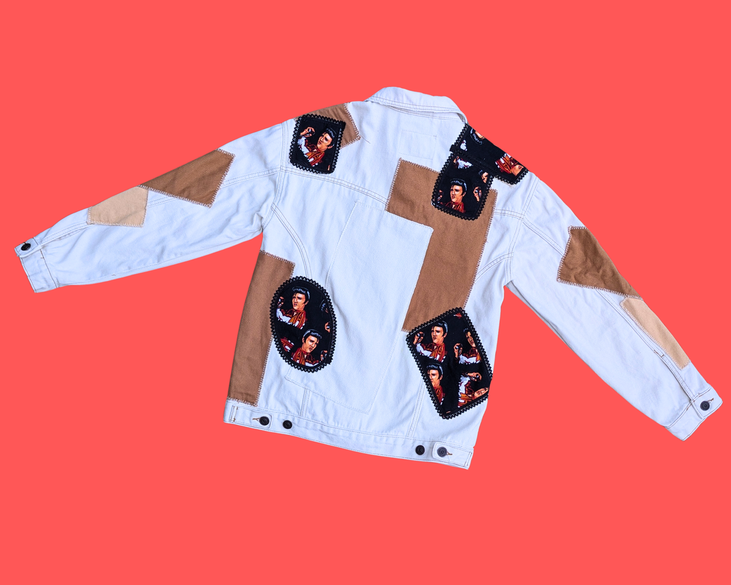 Veste en jean patchwork Elvis Presley beige et marron, faite à la main et recyclée, taille XS (convient plutôt à une taille L)