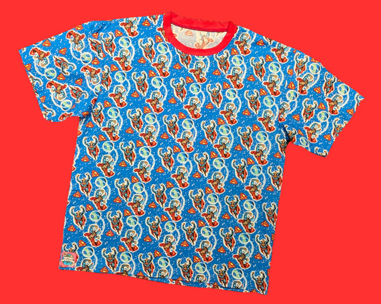 Handmade, Upcycled Superman Comic Books Fabric T-Shirt Size M